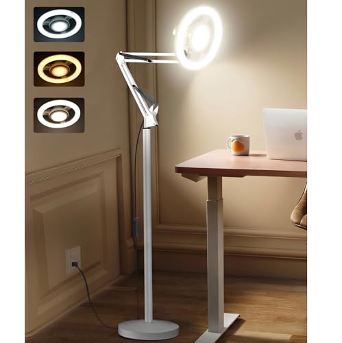 Arsoer 36W Floor Lamp with Flexible Arm 3 Colors Ring Light with Heavy-Duty Base & Remote Standing Lamp for Living Room/Workspace/Tattoo/Live Streaming/TikTok/YouTube/Photography