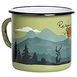 Respect Nature | Emaille Tasse von MUGSY in grün | im Outdoor Design | Emaille Becher robust und leicht für Camping und Wandern | Retro Kaffebecher 330 ml