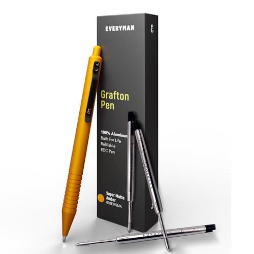 Everyman Super Matte Grafton Pen & Refill Set  Amber | Refillable Metal 0.7mm Ballpoint Gel Pen with 3 Smooth Black Ink Refills | Premium EDC Writing Tool for Office, Work, Travel & Gifting