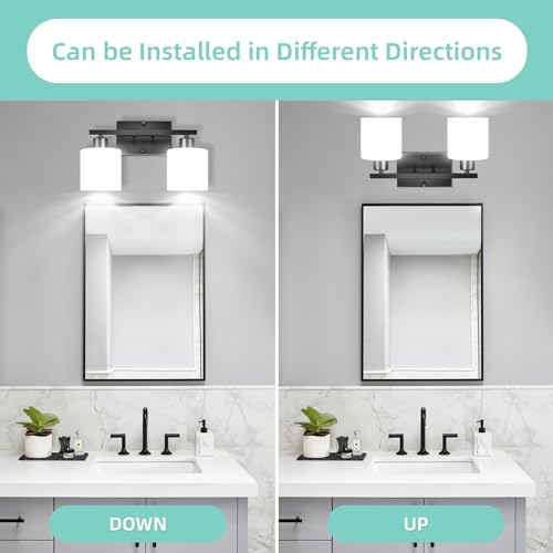 Image of SILAMPDI 2-Light Bathroom Lighting Fixtures, Black Modern Vanity Lights Wall Lamp with Milky White Glass Shades for Mirror Kitchen Living Room Hallway Cabinet Porch, Bulbs Not Included