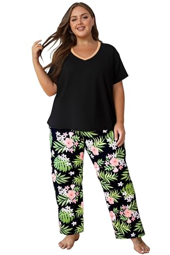 Image of Vozanet Women's Pajama Sets Short Sleeve with Long Pant Soft Sleepwear Printed pj Loungewear With TWO Pockets Size 1X to 5X