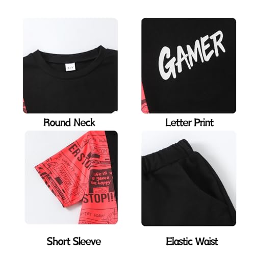 Image of OLMRJKD Boys 2 Piece Outfits Short Sleeve Colorblock T-shirt and Shorts Summer Casual Clothes for 6-12 Years