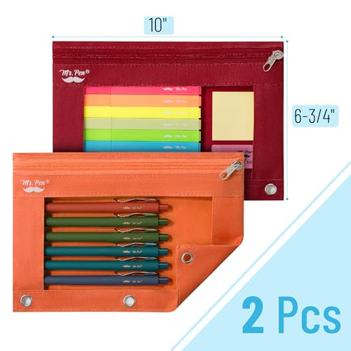 Image of Mr. Pen- Pencil Pouch for 3 Ring Binder, 2 Pack, 10 inchx6.75 inch, Smooth Zipper | Clear Window, Large Capacity Pencil Case with 3 Reinforced Grommets for School, Office, Supplies Storage | Clear Window, Large Capacity Pencil Case with 3 Reinforced Grommets for School, Office, Supplies Storage
