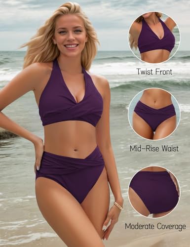 Image of Sopliagon Women's Bikini Sets Twist Front Two Piece Swimsuit Halter Bathing Suit