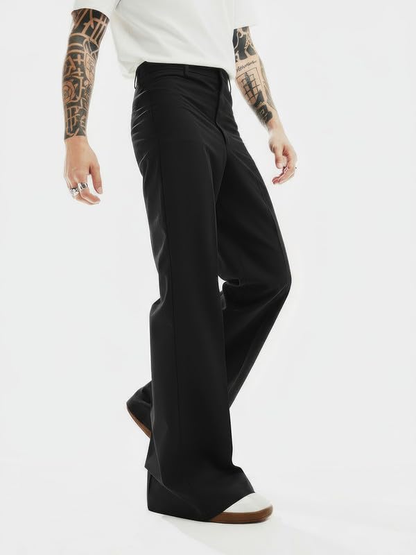 Image of FUGAZEE Black Highwaisted Bell Bottom Trousers for Men | Soft Cotton Twill Fabric | Wide Flared Bottom Pants | Regular Rise with Belt Loops | Retro 70s Style Streetwear Fashion