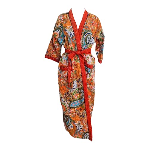 Kimono indien Kantha brodé main 125cm, évadez-vous avec cette création orange unique