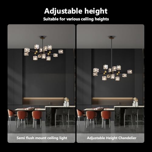 OKES Black Crsytal Chandelier,Sputnik Chandeliers with 12-Lights,Modern Adjustable Height Semi Flush Mount Ceiling Light Fixture for Dining Room,Kitchen Island,Living Room,Bedroom by OKES - Used condition - Image 7