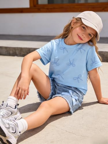 Image of Azmxynol Kid Girls Clothes Outfits Bowknot T-Shirt + 2 In 1 Denim Short Skort Summer Clothing Set, Size 4-10 Years