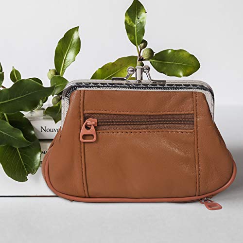 Women's Leather Metal Frame Double Clasp Zipper Coin Purse 5 1/4" X 3 1/4" (Tan) #TOP1