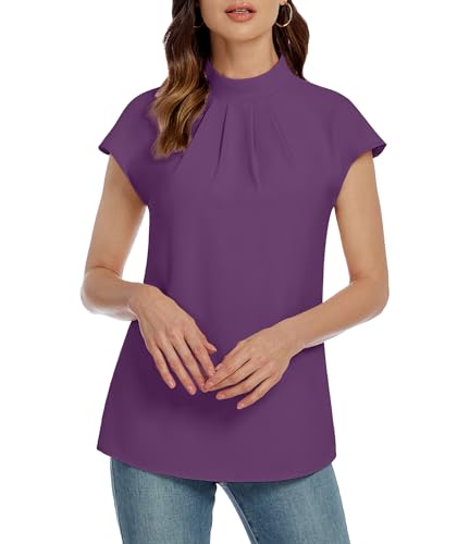 Image of Funlingo Womens Summer Tops Mock Neck Short Cap Sleeve Blouses Business Casual Work Chiffon Shirts Front Pleated Tunic Top