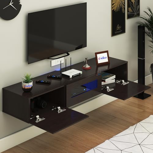 Image of Anikaa Lucen Wall Mount Modern Floating TV Unit for Living Room | 3 Closed Storage cabinets with hinged Door - Blue Color LED Light | Ideal for UP to 65 Inch TV (Wenge Finish - DIY Installation)
