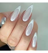 24pcs Press on Nails Long Pointed Aurora French Fake Nails Silver Glitter False Nails Full Cover ...