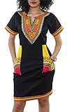 Women Traditional African Print Dashiki Bodycon Short Sleeve Dress Yellow S