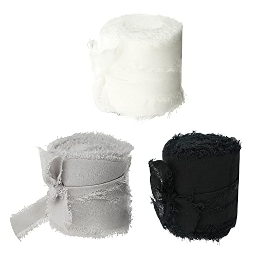 Bhuuno 3ロールロールフリンジシフォンシルクのようなリボン 手作りのフリンジエッジテープ1.5インチ5ヤードの結婚式の招待状のためのバーケ, ブラック+グレー