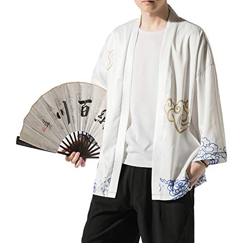 Image of Men's Japanese Kimono Robe Jacket Lightweight 3 /4 Sleeve Open Front Yukata | Silky Smooth Fashion Print Happi Coat Lightweight Breathable Loose Unisex Haori Casual Summer Cardigan Daily Beach Vacation