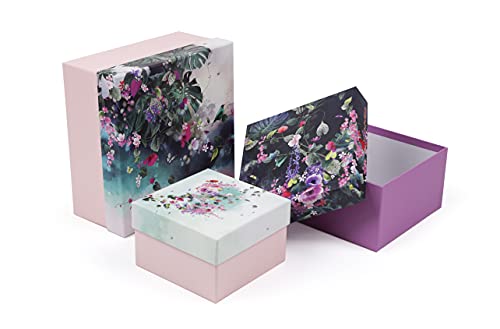 Clairefontaine 83396C - Un Lot de 3 Boites de Rangement Gigognes Carrées Multifonctions en Carton motifs Floral/Papillons - 25 x 25 x 12cm -20 x 20 x 11cm -16 x 16 x 10cm - Collection Tropical dream
