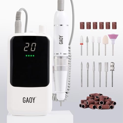 GAOY Rechargeable Cordless Nail Drill for Beginners, Electric Nail File with 12 Drill Bits and Sanding Band Set for Acrylic and Gel, White