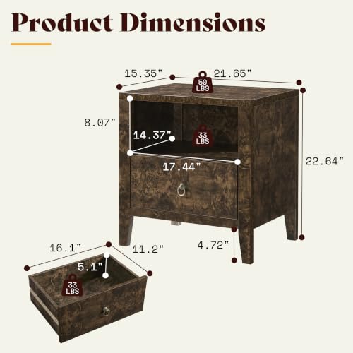 Image of AMERLIFE Nightstand Set of 2 Mid Century Modern Bedside Table, Brown