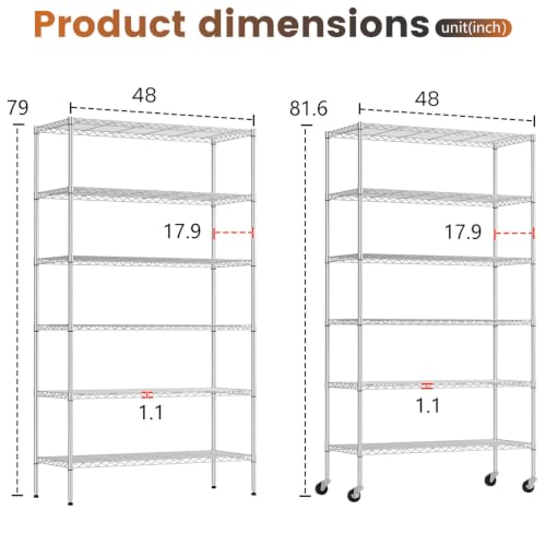 Image of BestOffice | 6-Tier Wire Shelf with Wheels | 48 inch x 18 inch x 81 inch | Chrome