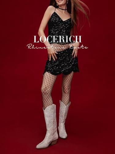 Locerich Women Rhinestone Cowgirl Boots Cowboy Mid Calf Boots Sparkly Glitter Boots Shoes Bling Pointed Toe Chunky Heel 2In Side Zippers Pull On thumb #3