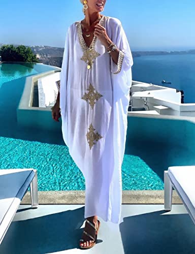 Bsubseach Gold Embroidery Long Kaftan Dresses V Neck Caftan Dress Beach Cover Ups for Women Embroidery2