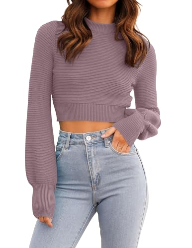 ZESICA Women's Spring Mock Neck Cropped Sweaters 2026 Long Sleeve Soft Ribbed Knit Pullover Jumper Tops Purple Small