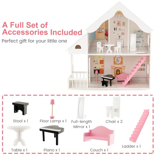 HOMASIS Casa de Muñecas de 2 Niveles, Villa de Ensueño de Madera con Accesorios para Muebles, Juguete Educativo para Niños a Partir de 3 Años, 81 x 30 x 86 cm - imagen 5