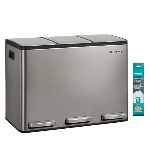 SONGMICS Mülleimer Küche 3 x 15 L Mülltrennsystem 3 Fächer Abfalleimer mit 15 Müllbeuteln Tretmülleimer Inneneimer herausnehmbar Softclose-Deckel Griffe Edelstahl silbern LTB145EZ01