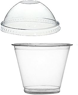Thali Outlet - 50 x 9oz/255ml Squat Clear Re-usable Smoothie Cups Dome Lids with Hole - Dessert Ice Cream Fruit Sweet