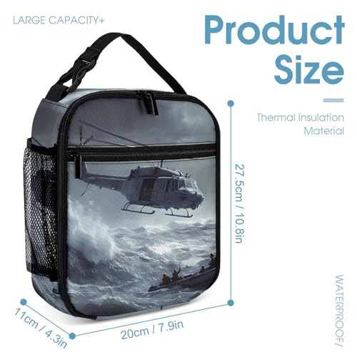 Helicopter Rescues at Sea Heavy Rain Travel Backpack Lunch Box Pencil Case 3Pcs Set for Men Women Office Outing University4