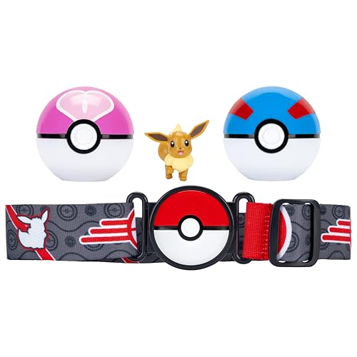 Pokémon PKW4167 - Evoli Clip ‘N’ Go Gürtel-Set - Evoli Battle Figur mit Superball, Sympaball und Gürtel, offizielles Set