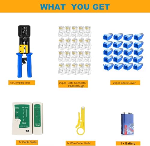 Image of SmartTech Pass Through crimping tool for RJ45 Network Cable Cut Strip Crimp Crimper With Cable Tester RJ45 Cat6 Connector(20),Boots Cover(20) (Passthrough Tool Kit with Cable Tester)