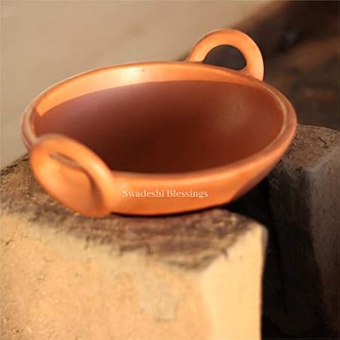 SWADESHI BLESSINGS HandMade Exclusive Range Unglazed Clay/Mitti/Earthen Kadai for Cooking, 1.8Liters (with Natural Firing Shade & Mirror Shine) + Free Palm Leaf Stand (Red 1.8 Litres) Cover