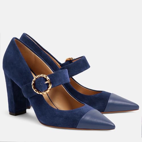 Women's Block Heel Pointed Closed Toe Mary Jane Shoes with Buckle Fashion Suede Cap Toe Pumps Comfortable Office Wedding Dance Party Dress High Heels for Women3