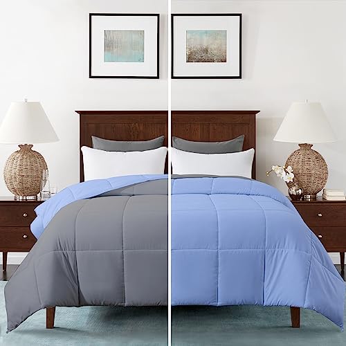 Image of MammaYo Razzai Restful Sleep Microfiber Summer Season Ac Reversible Comforter 120GSM (90 inch x 90 inch Inches /228cm x 228cm) - Queen Size Comforter|Silver /Sky Blue| TC - 400