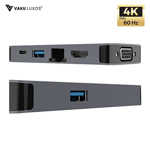 Image of Vaku Luxos USB Hub Type C Ultron Rage 6IN1 multiport USB 3.0 High-Speed Adapter connector (5GBPS) data transfer Converter Extension, Type C PD, VGA, Ethernet, 4K HDMI docking station USB A Port Compatible with Macbook Air Pro (M1, M2 etc), iPad Pro Air, Laptop, and Other Type C Mobile & Devices