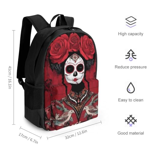 Lightweight Rucksacks for Climbing Outdoors Walking Cycling - Large Capacity Anti-Theft Multipurpose Carry On Bag, Mexican Red Rose Sugar Skull Floral Women Day Of The Dead Camping Outdoor Backpack2