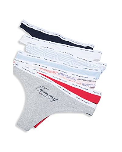 Tommy Hilfiger womens Cotton Fabric Underwear Panties, Multi-pack Thong Panties, Heather Grey Script Th Script, Medium US