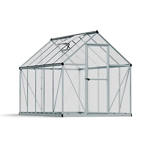 Palram Canopia Mythos 6X10 Gewächshaus – UV - Geschütztes Polycarbonatdach-& Aluminiumgestell, Inklusive Fundamentrahmen – Silber, 6 x 10