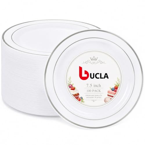 bUCLA 100Pieces Silver Rim Plastic Plates - 7.5inch Silver Salad/Dessert Plates Disposable - Ideal for Weddings, Parties & Christmas