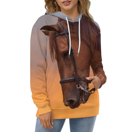 Sweats à capuche manche longue pour contrer le froid, pull marron motif cheval taille S