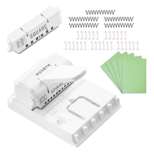 MUNBYN Small Binding Machine, 2-in-1 Punch Binder with Replaceable Heads (Square & Round), 10-Sheet Capacity, Portable Coil & Wire Binding Kit for A4/A5 - White (Inc. Rings & Covers)