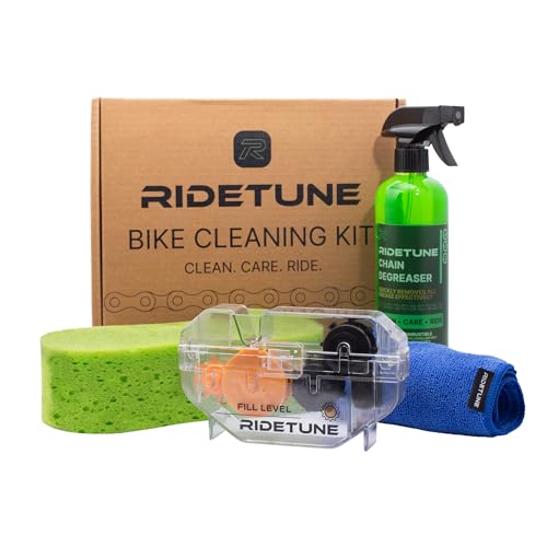 Ridetune Bike Chain Cleaner Kit - 4-Piece Bicycle Chain Cleaning Tool with 500ML Biodegradable Degreaser Microfiber Cloths & Sponge for Road MTB Gravel & E-Bike Drivetrain Maintenance
