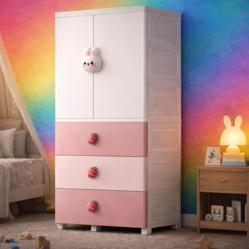 Image of Kids Plastic Collapsible Wardrobe Organizer for Storage with Drawers | Cute Cartoon Design | Heavy Duty Runner Rug Floor Mat Carpets Organizer Bedroom, Living Room (Pink Rabbit, 1+3-Door)