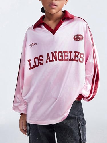 SweatyRocks Girl's Oversized Letter Graphic Print T Shirt Long Sleeve Collared Tees Top3