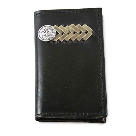 Carteiras de couro legítimo de flor integral de qualidade premium com design durável e artesanato - Feito nos EUA - R.G. BULLCO, Estilo 5016 - Preto - Carteira de couro com bolso frontal com renda de couro cru e concho, Large,