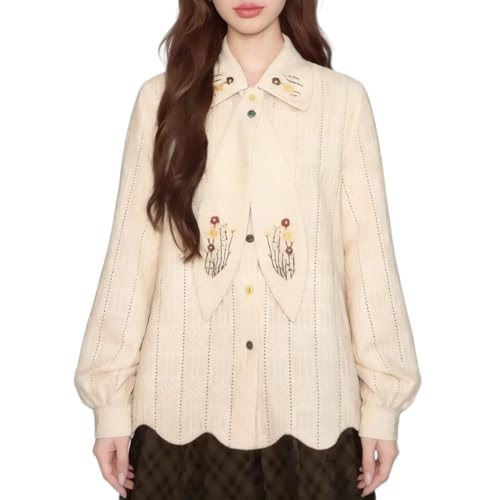Women's Embroidered Long Sleeve Shirt, Collared Button Down Blouse with Floral Embroidery (Beige,Medium)