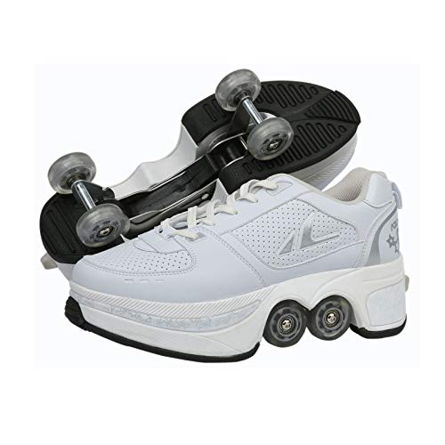Image of Roller Skates for Women /Girls, Retractable Kick Roller Shoes with Wheels for Men, Outdoor Quad Wheel Rink Skates Adjustable Deformation Sneakers for Adult /Boys