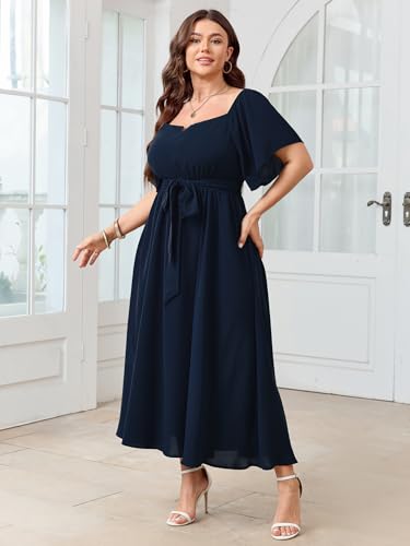 Image of SCOMCHIC Womens Plus Size Formal Dresses Off The Shoulder Wedding Guest Cocktail A-Line Split Maxi Dress with Pockets