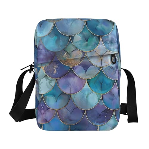 Crossbody Bag Blue Purple Mermaid Scale Messenger Bag for Women Men Purse Shoulder Bag Satchel Bag with Adjustable Strap 214B3098
